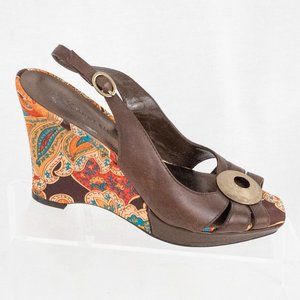 Anne Klein Paisley Wedge Heel Sandals 6.5 M  Boho Groovy Multi Color Heels Brown